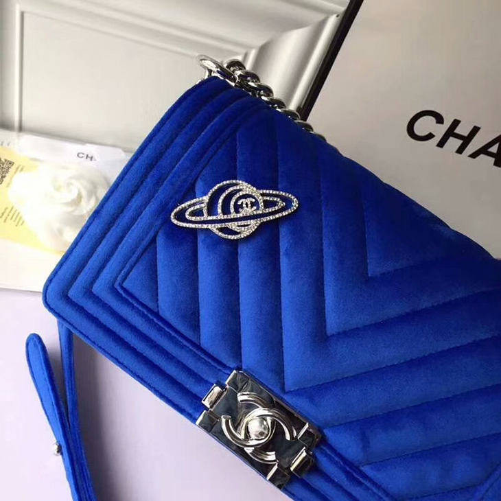 原单Chanel天鹅绒系列LEBOY款链条包蓝色logo