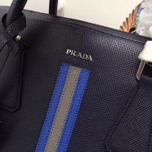 原单普拉达男包公文-高仿一比一prada深蓝色男士手提包十字纹彩带超薄款2VE368