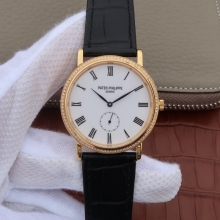 百达翡丽古典系列5119G金色钻圈 男士手表。手动机械皮表带，透底，直径38mm