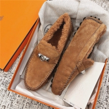 HERMÈS爱马仕 2018日本专柜在售女士羊皮毛乐福鞋 棕色