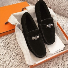 HERMÈS爱马仕 2018日本专柜在售女士羊皮毛乐福鞋 黑色