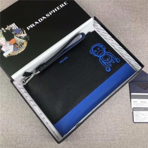 原单代购级Prada男士手包仿普拉达手拿包专柜最新款圣诞限量款黑配蓝2NG005